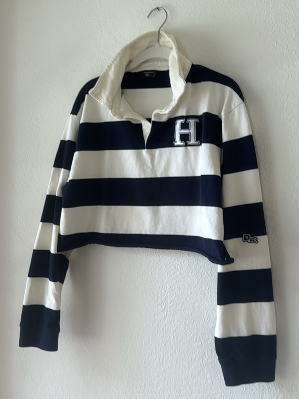 Hype and Vice -Harvard Cropped Rugby Polo Top - White Collar, Navy Body